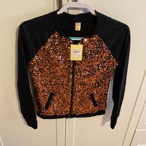 NWT- Black zip up cardigan/jacket with rose gold sequin